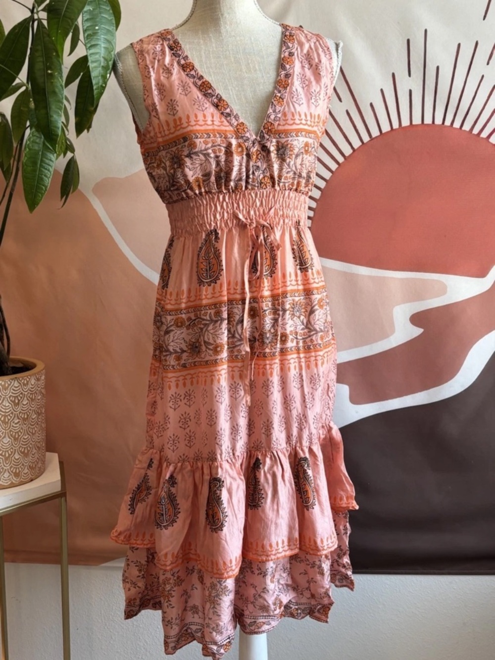 Chaudry KC Size S 100% Silk Coral Ruffle Floral Knee Length Boho Peasant